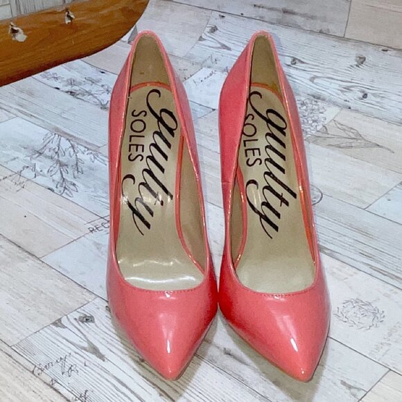 Guilty Soles Shiny Coral Stilettos - Picture 1 of 5